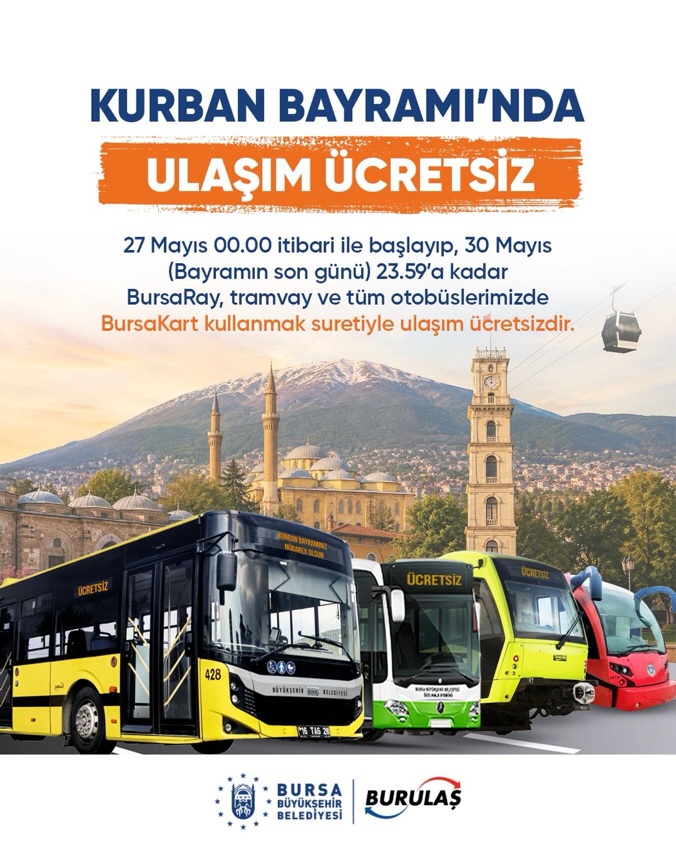 Bursa’da Kurban Bayramı Boyunca Ulaşım Ücretsiz